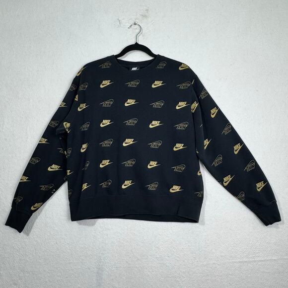 Nike Sportswear Phoenix Fleece Black Oversized Crew Sweater Gold Swoosh Medium - Picture 1 of 6